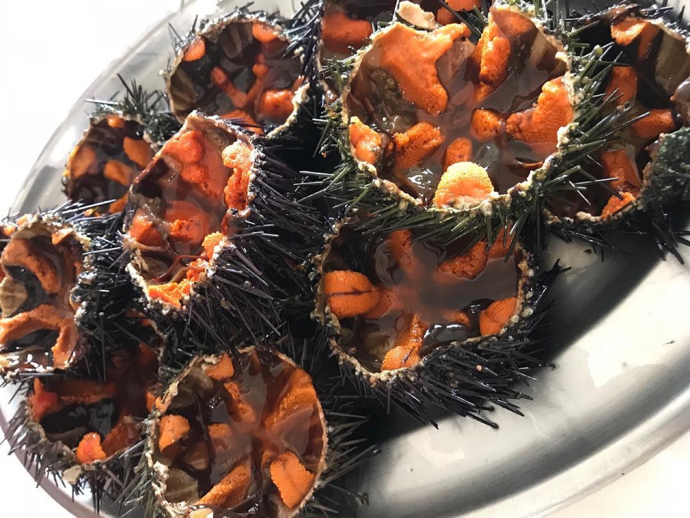 A platter of live sea urchins split in half, black-spined shells full of bright orange roe.